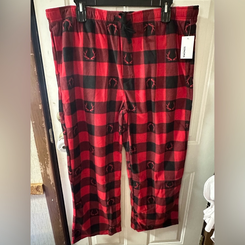 SONOMA MEN’S FLEECE PAJAMA PANTS: RED/BLACK PLAID: NWT: SZ XXL